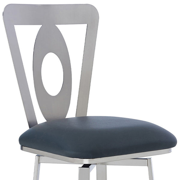 Homeroots 30" Gray And Silver Faux Leather And Iron Swivel Bar Height Bar Chair   477109