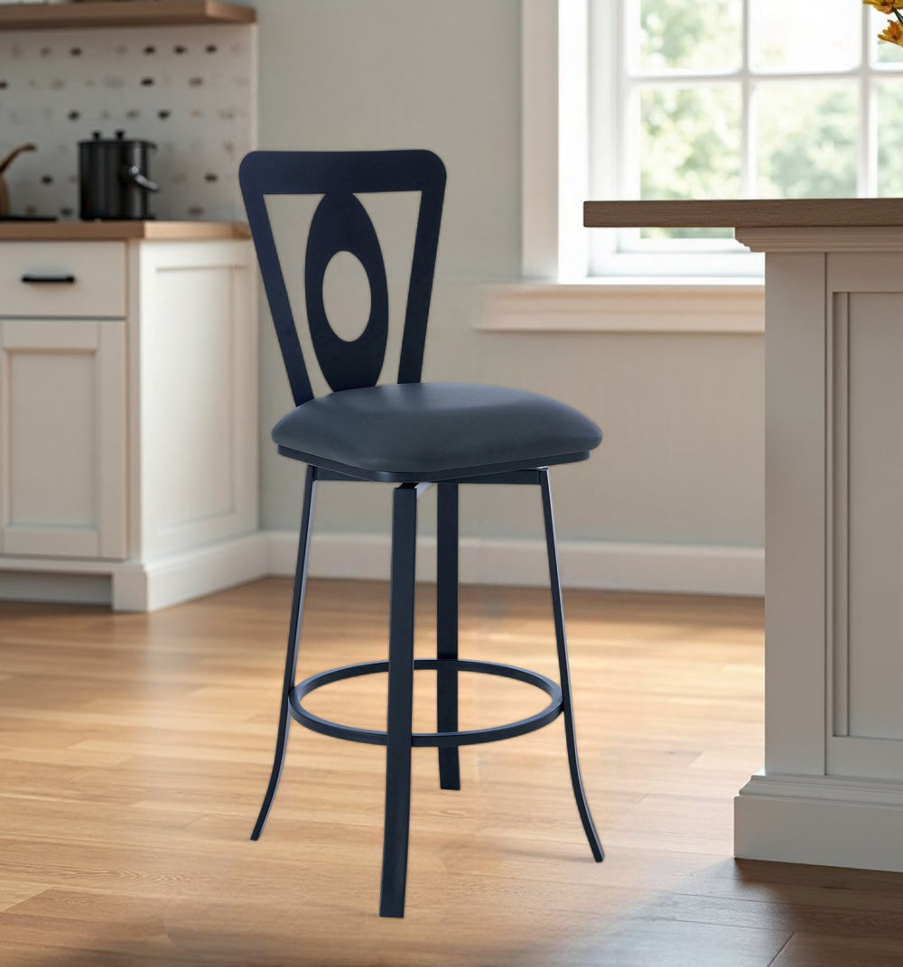 Homeroots 30" Gray And Black Faux Leather And Iron Swivel Bar Height Bar Chair   477111