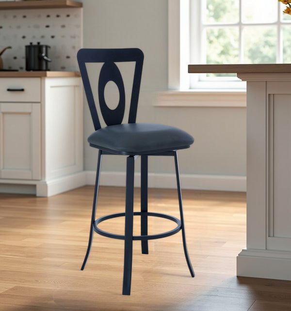 Homeroots 30" Gray And Black Faux Leather And Iron Swivel Bar Height Bar Chair   477111