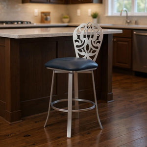 HomeRoots 26" Gray Swivel Bar Chair with Stainless Steel Frame & Scroll Backrest for Modern Home Elegance 477112