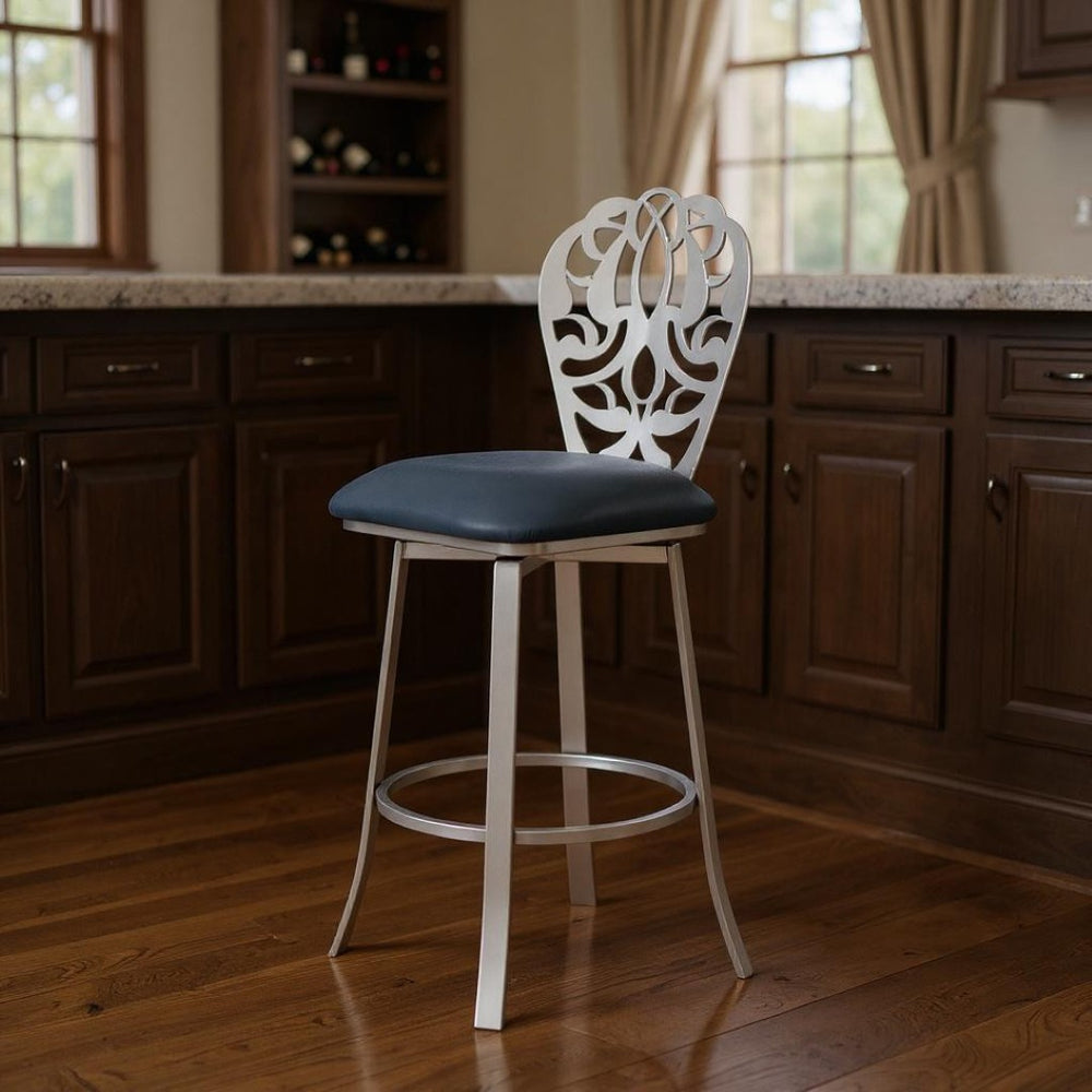 HomeRoots 30" Gray Swivel Bar Chair - Modern Stainless Steel Frame, Comfortable Faux Leather Seat & Stylish Design 477113