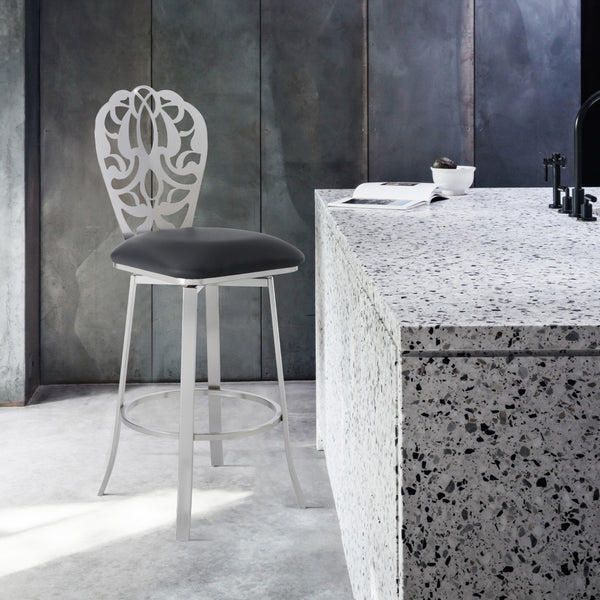 Homeroots 30" Black And Silver Iron Swivel Bar Height Bar Chair   477115