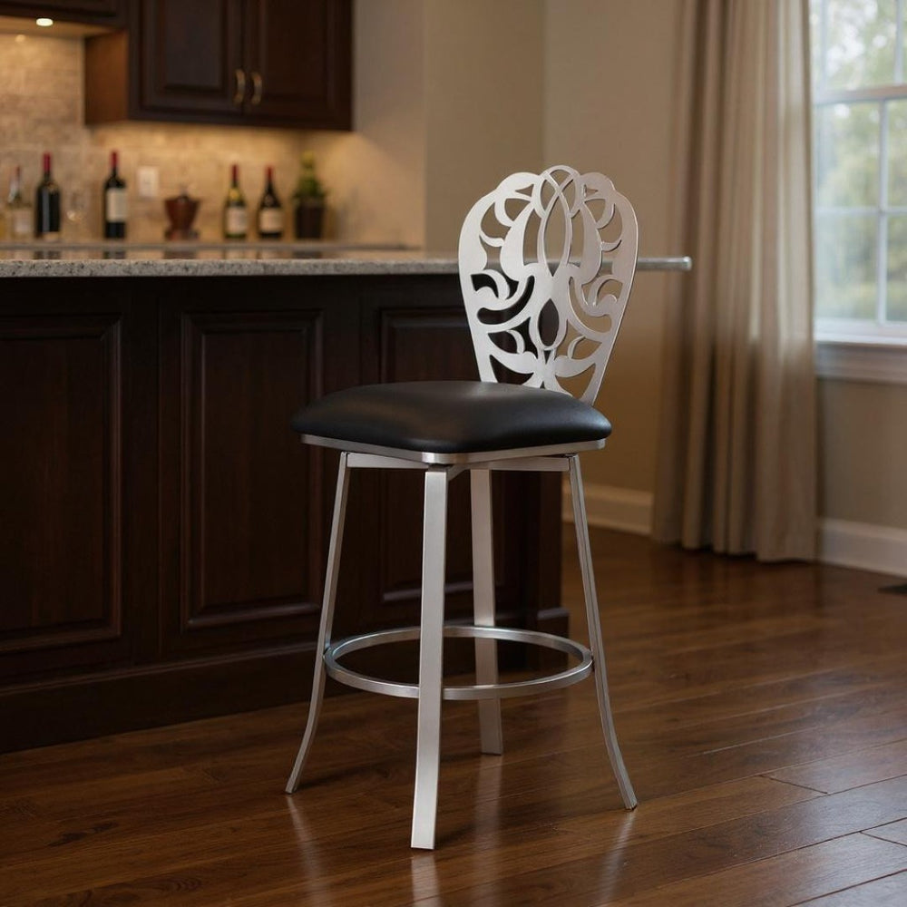 HomeRoots 30" Sleek Black & Silver Swivel Bar Chair - Modern Design, Comfortable Faux Leather & 360° Rotation! 477115