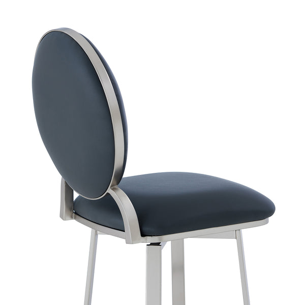 Homeroots 30" Gray And Silver Faux Leather And Iron Swivel Bar Height Bar Chair   477116