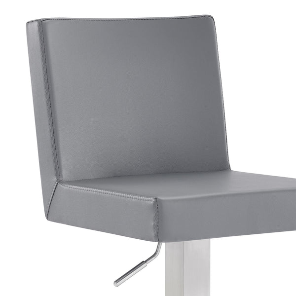 Homeroots 24" Gray And Silver Faux Leather And Iron Adjustable Height Swivel Bar Chair   477121