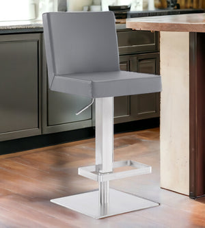 Homeroots 24" Gray And Silver Faux Leather And Iron Adjustable Height Swivel Bar Chair   477121