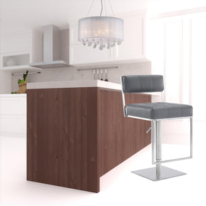 Homeroots 25" Gray And Silver Faux Leather And Iron Swivel Low Back Adjustable Height Bar Chair   477136