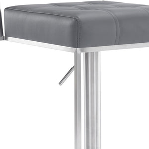 Homeroots 25" Gray And Silver Faux Leather And Iron Swivel Low Back Adjustable Height Bar Chair   477136