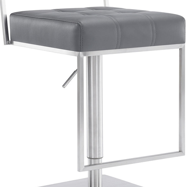 Homeroots 25" Gray And Silver Faux Leather And Iron Swivel Low Back Adjustable Height Bar Chair   477136