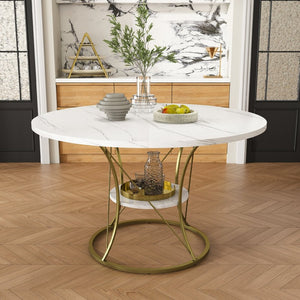 English Elm 43 Inch Expandable Round Dining Table Walnut Veneer Seats Six with Metal Storage Shelf Walnut+Gold W2700P411581