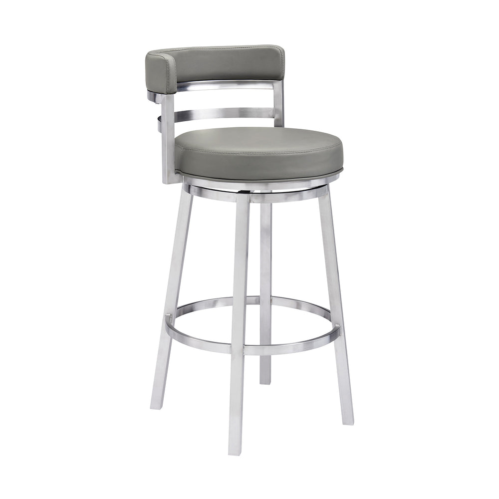 Homeroots 30" Gray And Silver Faux Leather And Iron Swivel Low Back Bar Height Bar Chair   477137