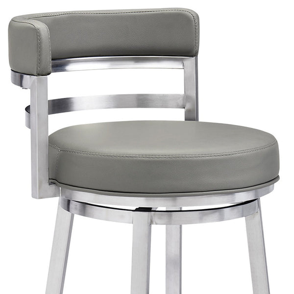 Homeroots 30" Gray And Silver Faux Leather And Iron Swivel Low Back Bar Height Bar Chair   477137