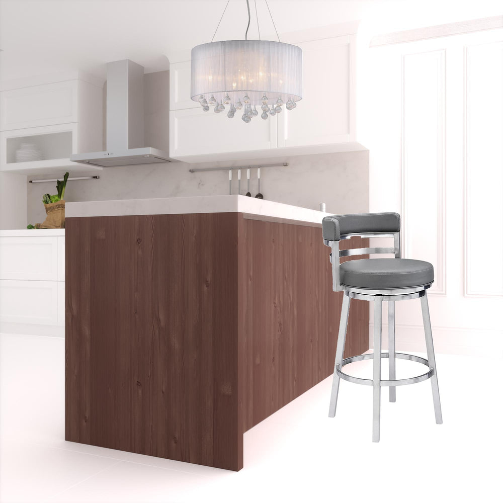 Homeroots 30" Gray And Silver Faux Leather And Iron Swivel Low Back Bar Height Bar Chair   477137