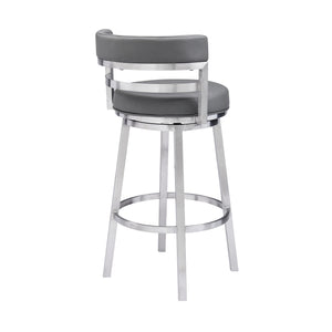 Homeroots 26" Gray And Silver Faux Leather And Iron Swivel Low Back Counter Height Bar Chair   477138