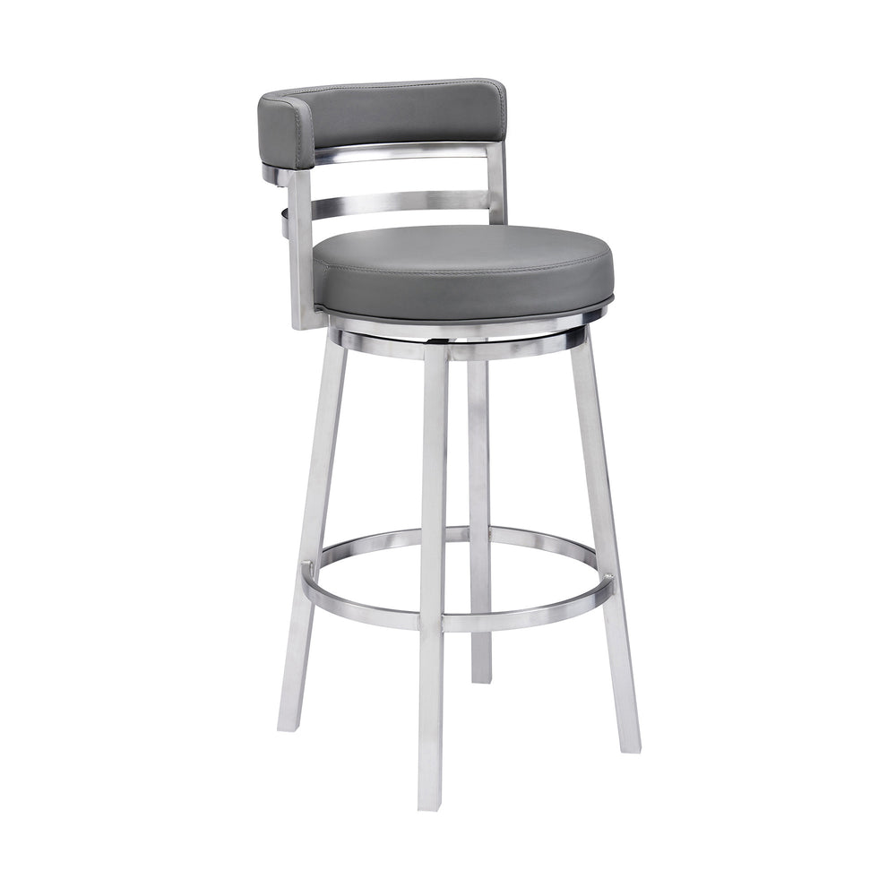 Homeroots 26" Gray And Silver Faux Leather And Iron Swivel Low Back Counter Height Bar Chair   477138