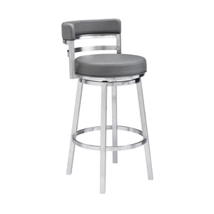 Homeroots 26" Gray And Silver Faux Leather And Iron Swivel Low Back Counter Height Bar Chair   477138