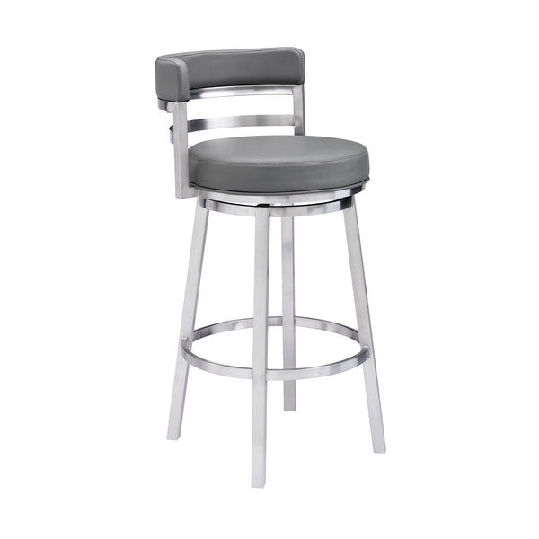 Homeroots 26" Gray And Silver Faux Leather And Iron Swivel Low Back Counter Height Bar Chair   477138