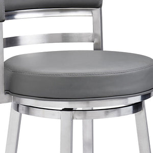 Homeroots 26" Gray And Silver Faux Leather And Iron Swivel Low Back Counter Height Bar Chair   477138