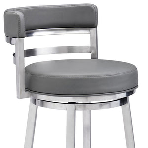 Homeroots 26" Gray And Silver Faux Leather And Iron Swivel Low Back Counter Height Bar Chair   477138