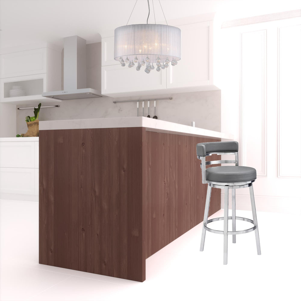 Homeroots 26" Gray And Silver Faux Leather And Iron Swivel Low Back Counter Height Bar Chair   477138