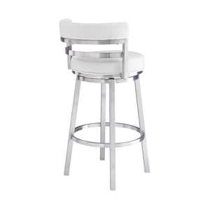 Homeroots 30" White And Silver Faux Leather And Iron Swivel Low Back Bar Height Bar Chair   477139