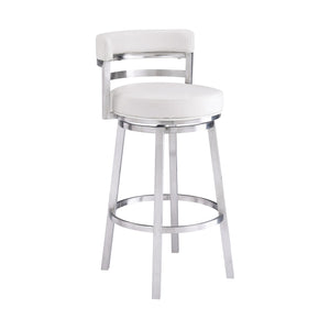 Homeroots 30" White And Silver Faux Leather And Iron Swivel Low Back Bar Height Bar Chair   477139