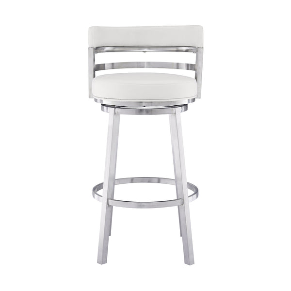 Homeroots 30" White And Silver Faux Leather And Iron Swivel Low Back Bar Height Bar Chair   477139