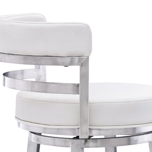 Homeroots 30" White And Silver Faux Leather And Iron Swivel Low Back Bar Height Bar Chair   477139