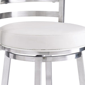 Homeroots 30" White And Silver Faux Leather And Iron Swivel Low Back Bar Height Bar Chair   477139