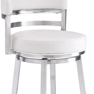 Homeroots 30" White And Silver Faux Leather And Iron Swivel Low Back Bar Height Bar Chair   477139