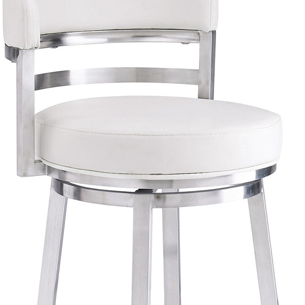 Homeroots 30" White And Silver Faux Leather And Iron Swivel Low Back Bar Height Bar Chair   477139