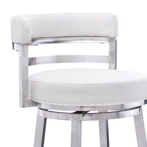Homeroots 26" White And Silver Faux Leather And Iron Swivel Low Back Counter Height Bar Chair   477140