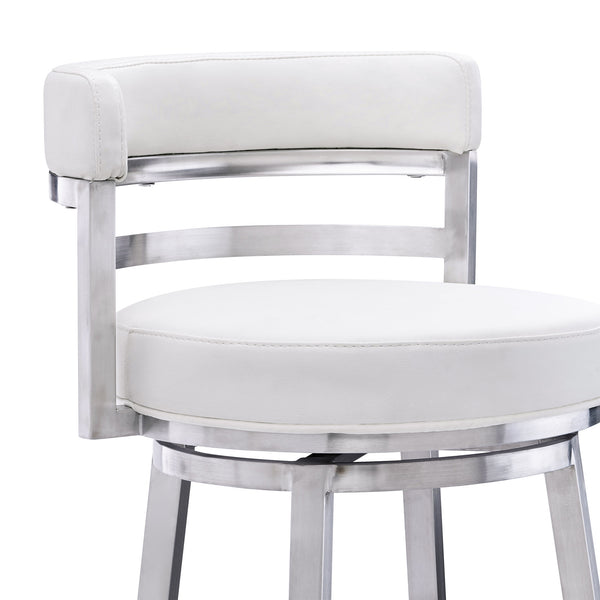 Homeroots 26" White And Silver Faux Leather And Iron Swivel Low Back Counter Height Bar Chair   477140