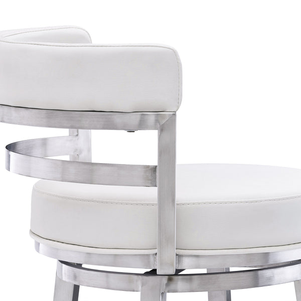 Homeroots 26" White And Silver Faux Leather And Iron Swivel Low Back Counter Height Bar Chair   477140