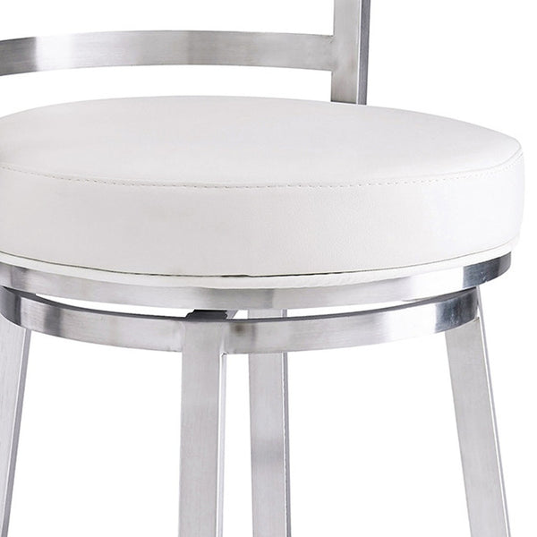 Homeroots 26" White And Silver Faux Leather And Iron Swivel Low Back Counter Height Bar Chair   477140