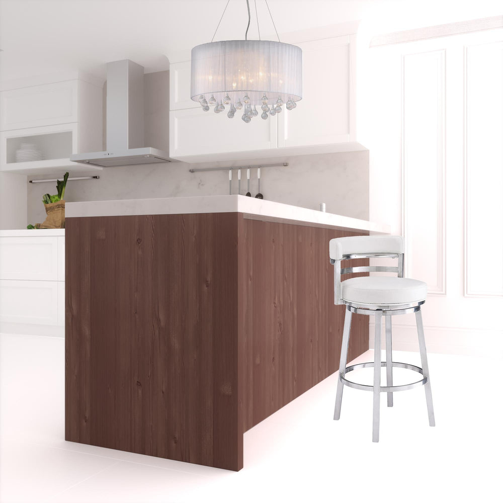 Homeroots 26" White And Silver Faux Leather And Iron Swivel Low Back Counter Height Bar Chair   477140