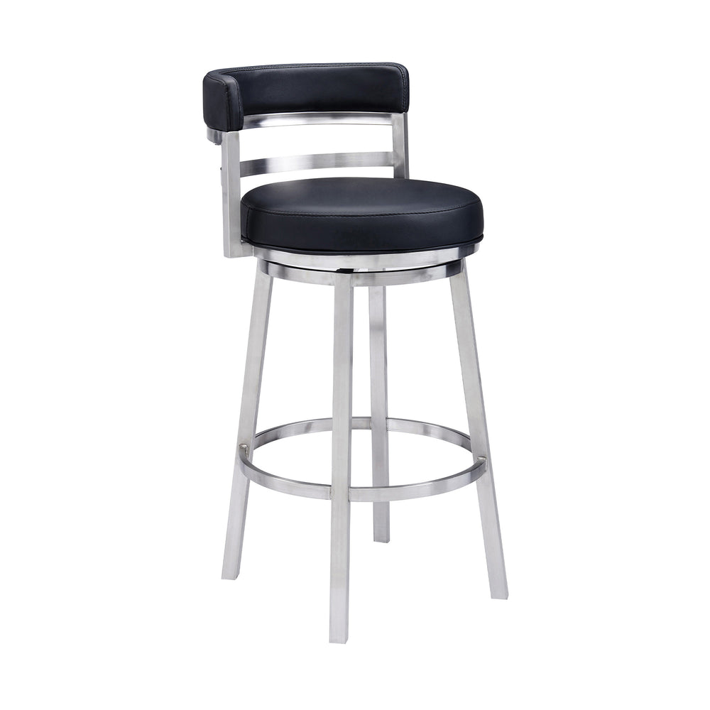 Homeroots 30" Black And Silver Faux Leather And Iron Swivel Low Back Bar Height Bar Chair   477141