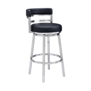Homeroots 30" Black And Silver Faux Leather And Iron Swivel Low Back Bar Height Bar Chair   477141