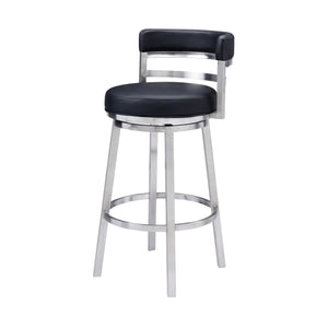 Homeroots 30" Black And Silver Faux Leather And Iron Swivel Low Back Bar Height Bar Chair   477141