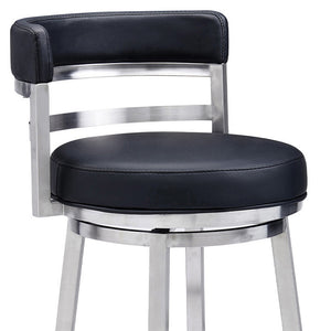 Homeroots 26" Black And Silver Faux Leather And Iron Swivel Low Back Counter Height Bar Chair   477142