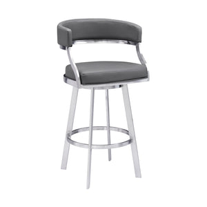 Homeroots 30" Gray And Silver Faux Leather And Iron Swivel Low Back Bar Height Bar Chair   477143