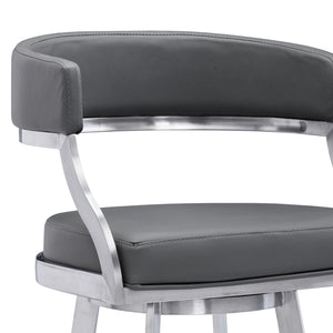 Homeroots 30" Gray And Silver Faux Leather And Iron Swivel Low Back Bar Height Bar Chair   477143