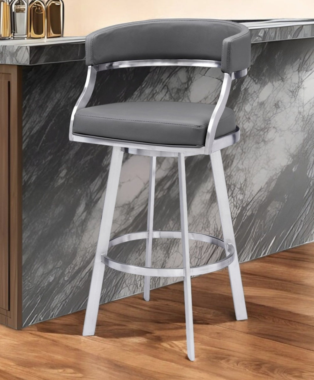HomeRoots 30" Gray Faux Leather Swivel Bar Chair with Silver Iron Frame - Modern Low-Back Design for Comfort 477143