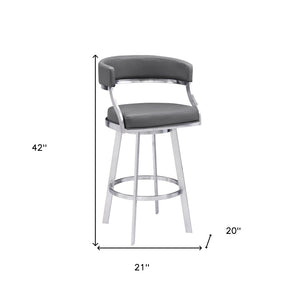HomeRoots 30" Gray Faux Leather Swivel Bar Chair with Silver Iron Frame - Modern Low-Back Design for Comfort 477143