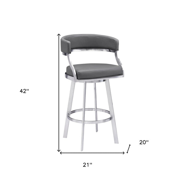 HomeRoots 30" Gray Faux Leather Swivel Bar Chair with Silver Iron Frame - Modern Low-Back Design for Comfort 477143