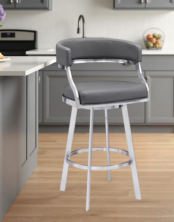 Homeroots 30" Gray And Silver Faux Leather And Iron Swivel Low Back Bar Height Bar Chair   477143