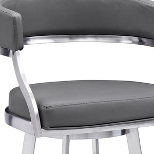 Homeroots 30" Gray And Silver Faux Leather And Iron Swivel Low Back Bar Height Bar Chair   477143