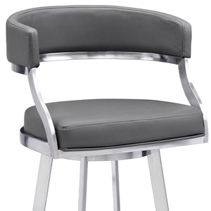 Homeroots 30" Gray And Silver Faux Leather And Iron Swivel Low Back Bar Height Bar Chair   477143