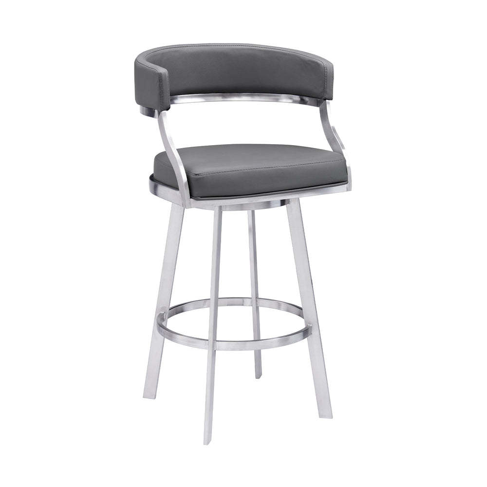 Homeroots 26" Gray And Silver Faux Leather And Iron Low Back Counter Height Swivel Bar Chair   477144
