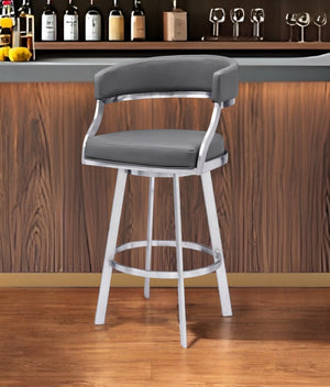 HomeRoots 26" Gray Faux Leather Swivel Bar Chair with Silver Iron Frame - Modern Comfort for Your Space 477144